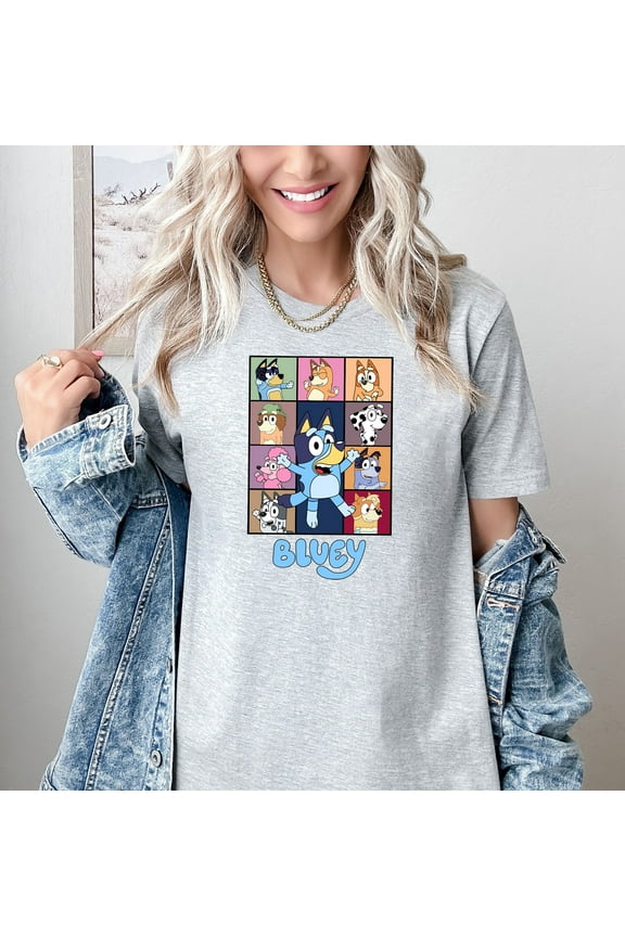 Bluey Characters Graphic T-Shirt for Women Cute Cartoon Dog Print Tee Short Sleeve Crew Neck Casual Trendy Top Official Licensed Bluey Apparel