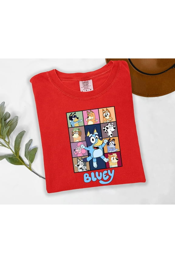 Bluey Characters Graphic T-Shirt for Women Cute Cartoon Dog Print Tee Short Sleeve Crew Neck Casual Trendy Top Official Licensed Bluey Apparel