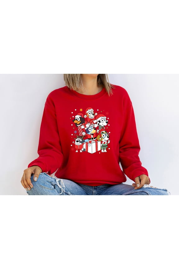 Bluey Christmas Family Gift Box T-Shirt Holiday Cartoon Character Tee for Kids & Adults Cute Matching Festive Outfit White Winter Graphic Top for Boys Girls Men Women