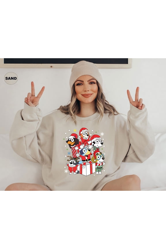 Bluey Christmas Family Gift Box T-Shirt Holiday Cartoon Character Tee for Kids & Adults Cute Matching Festive Outfit White Winter Graphic Top for Boys Girls Men Women