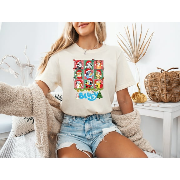 Moonlight Apparel Bluey Christmas Family T-Shirt for Kids & Adults Holiday Cartoon Character Tee Cute Festive Matching Outfit Top Red Green Winter Graphic Shirt for Boys Girls Men Women