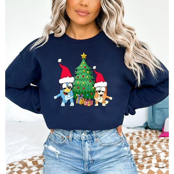 Moonlight Apparel Bluey Christmas Sweatshirt for Women & Men Holiday Crewneck Pullover Funny Bluey and Bingo Christmas Tree Graphic Top Gift