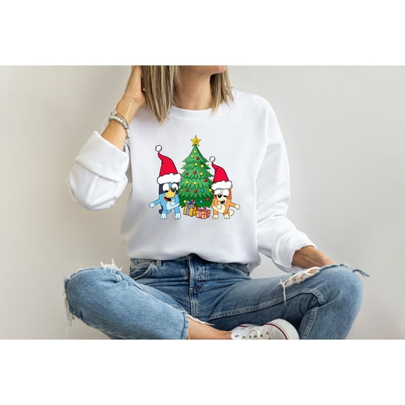 Moonlight Apparel Bluey Christmas Sweatshirt for Women & Men Holiday Crewneck Pullover Funny Bluey and Bingo Christmas Tree Graphic Top Gift