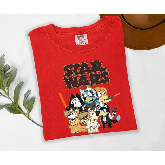 Moonlight Apparel Bluey Crossover T-Shirt for Women Funny Cartoon Graphic Tee Jedi Dog Family Shirt Soft Athletic Heather Tee Casual Fan Gift Apparel