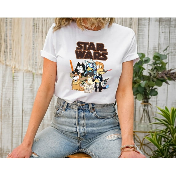 Moonlight Apparel Bluey Crossover T-Shirt for Women Funny Cartoon Graphic Tee Jedi Dog Family Shirt Soft Athletic Heather Tee Casual Fan Gift Apparel