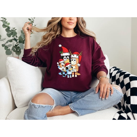 Moonlight Apparel Bluey Family Christmas T-Shirt for Women & Men Holiday Graphic Tee with Santa Hat Cartoon Print Funny Xmas Gift Casual Cotton Blend Short Sleeve Top