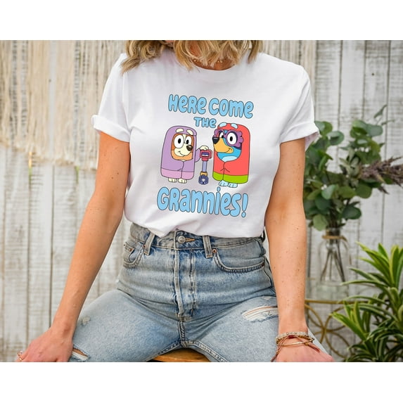 Moonlight Apparel Bluey Grannies T-Shirt for Women Funny Graphic Tee Featuring Bingo & Bluey Cute Cartoon Character Shirt Soft Cotton Top Gift for Bluey Fans Moms Teens and Adults
