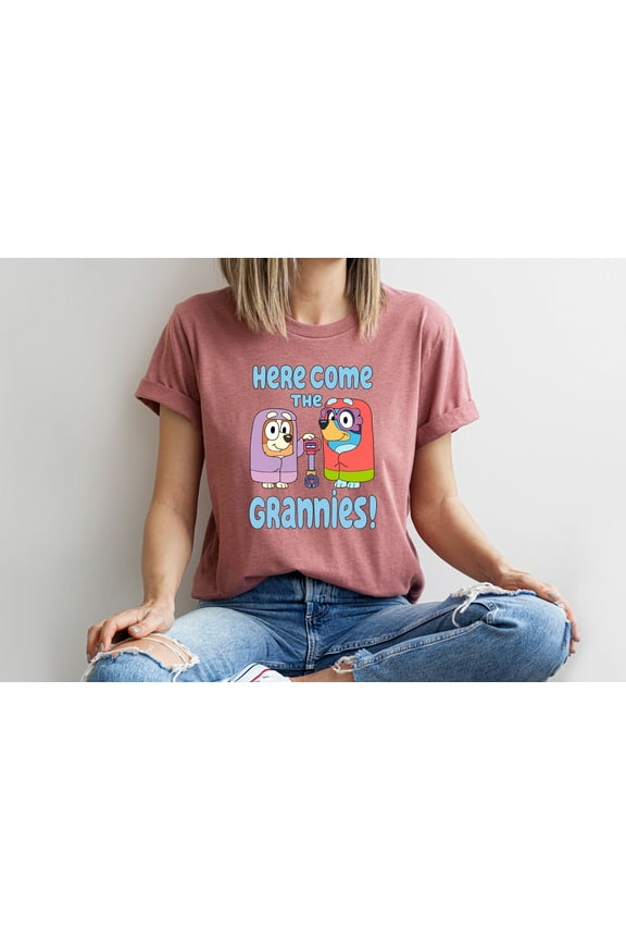 Bluey Grannies T-Shirt for Women Funny Graphic Tee Featuring Bingo & Bluey Cute Cartoon Character Shirt Soft Cotton Top Gift for Bluey Fans Moms Teens and Adults