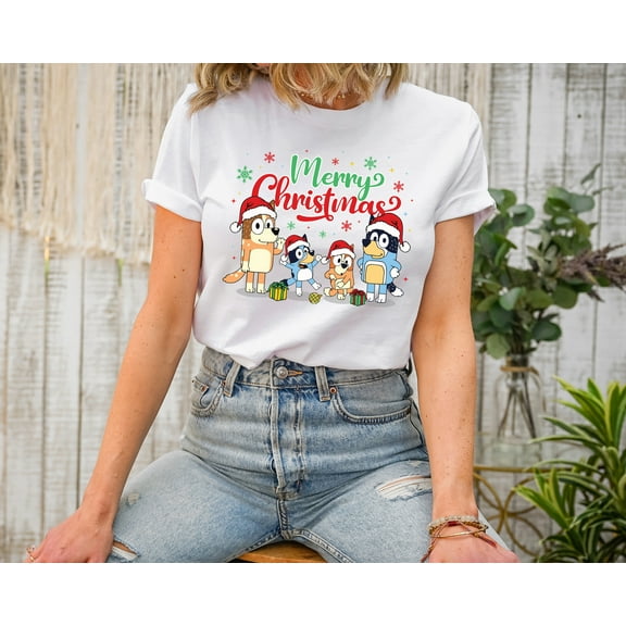 Moonlight Apparel Bluey Merry Christmas T-Shirt for Women & Men Holiday Graphic Tee with Cartoon Family Print Funny Xmas Top Gift for Adults Casual Short Sleeve Cotton Blend Shirt