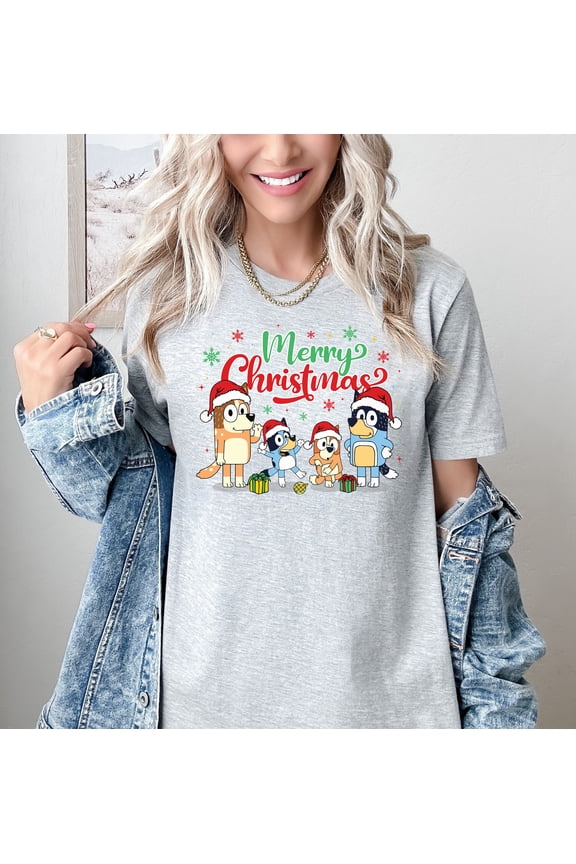 Bluey Merry Christmas T-Shirt for Women & Men Holiday Graphic Tee with Cartoon Family Print Funny Xmas Top Gift for Adults Casual Short Sleeve Cotton Blend Shirt