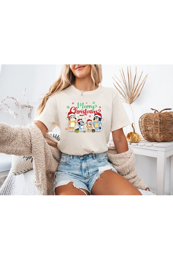 Bluey Merry Christmas T-Shirt for Women & Men Holiday Graphic Tee with Cartoon Family Print Funny Xmas Top Gift for Adults Casual Short Sleeve Cotton Blend Shirt
