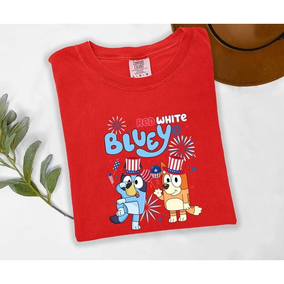 Moonlight Apparel Bluey Multicolor Independence Day T-Shirt for Women USA Fireworks & Characters Graphic Tee