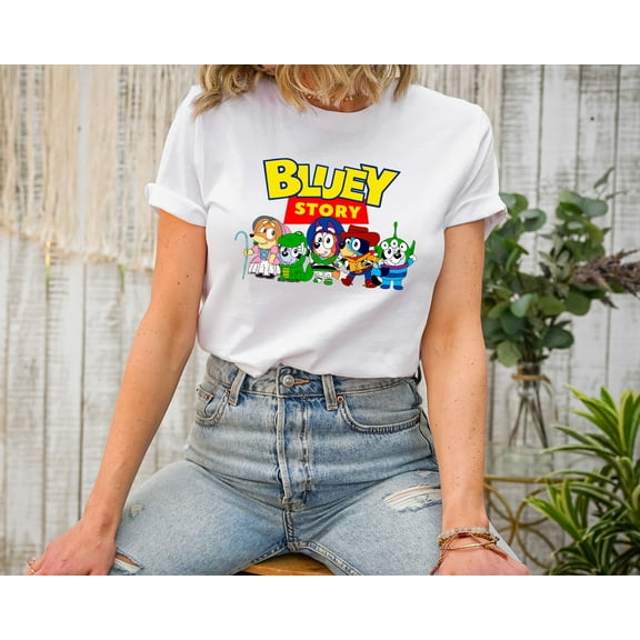 Moonlight Apparel Bluey Story Cartoon Parody Graphic Tee for Women Funny Toy Mashup T-Shirt Pop Culture Fan Gift Top Soft Cotton Blend Crewneck