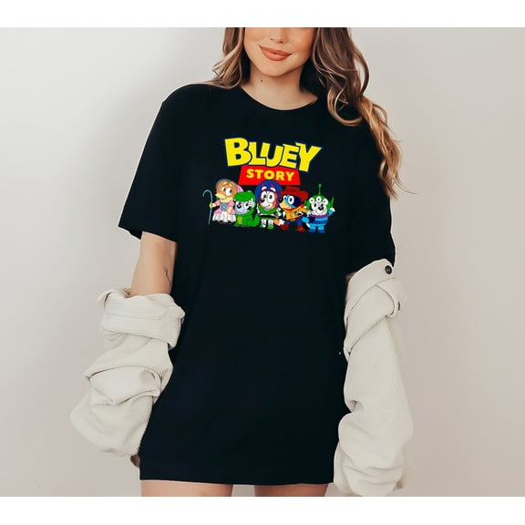 Moonlight Apparel Bluey Story Cartoon Parody Graphic Tee for Women Funny Toy Mashup T-Shirt Pop Culture Fan Gift Top Soft Cotton Blend Crewneck