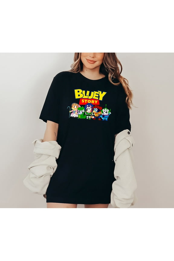 Bluey Story Cartoon Parody Graphic Tee for Women Funny Toy Mashup T-Shirt Pop Culture Fan Gift Top Soft Cotton Blend Crewneck