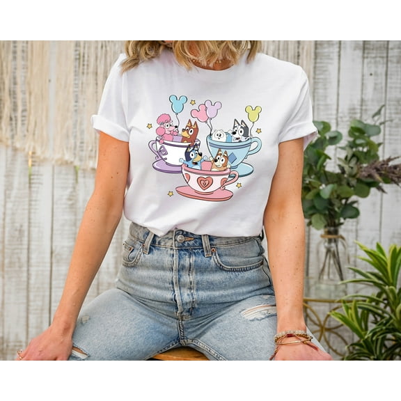 Moonlight Apparel Bluey Teacup Ride T-Shirt Cute Comfort Multi-Colors Tee for Kids & Moms Family Matching Disney Trip Shirt Bluey Birthday Party Outfit Carnival Theme Graphic Tee Playdate
