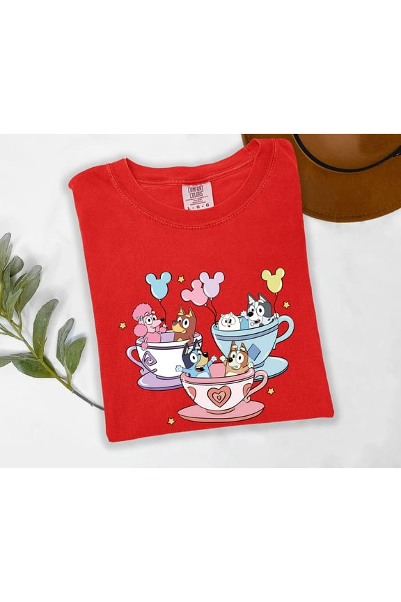 Bluey Teacup Ride T-Shirt Cute Comfort Multi-Colors Tee for Kids & Moms Family Matching Disney Trip Shirt Bluey Birthday Party Outfit Carnival Theme Graphic Tee Playdate