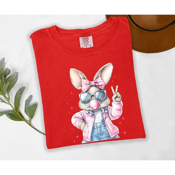 Moonlight Apparel Cool Easter Bunny Graphic T-Shirt for Women Bubblegum Bunny in Sunglasses & Pink Jacket Trendy Spring Tee Funny Heather Cotton Easter Top