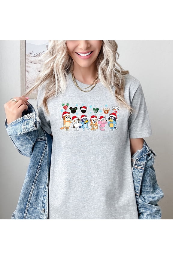 Cute Christmas Cartoon Dog T-Shirt for Women & Kids Holiday Graphic Tee, Santa Hat Family Shirt Festive Matching Outfit Top Winter Gift Clothing Short Sleeve Casual Unisex Tee