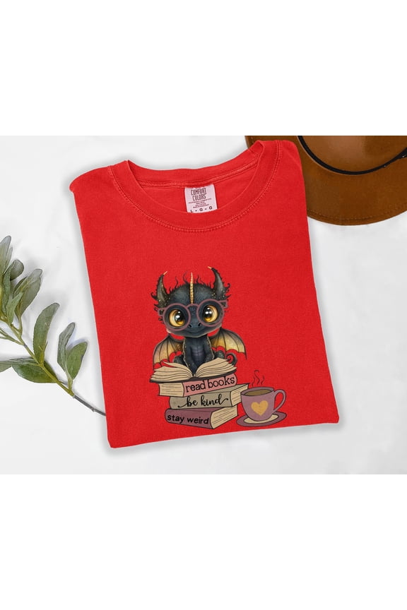 Cute Dragon Book Lover Shirt Read Books, Be Kind, Stay Weird Graphic Tee Comfort Multi-Colors T-Shirt Fantasy Reading Gift for Women, Teens & Teachers Cozy Coffee Book Tee