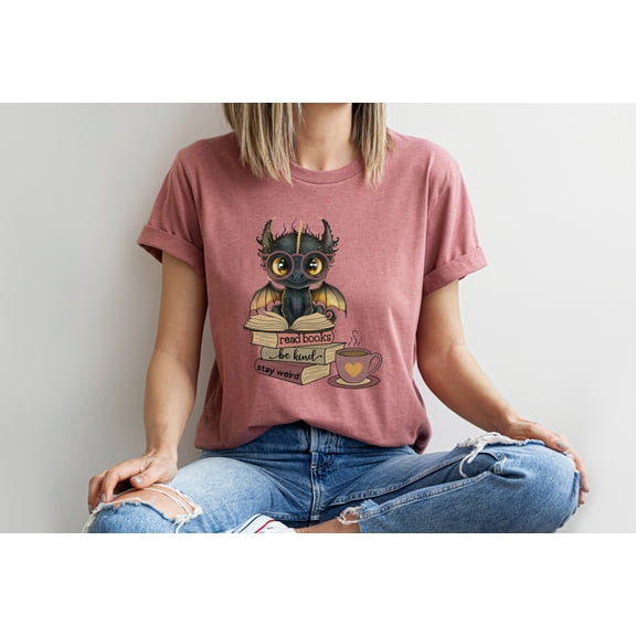 Moonlight Apparel Cute Dragon Book Lover Shirt Read Books, Be Kind, Stay Weird Graphic Tee Comfort Multi-Colors T-Shirt Fantasy Reading Gift for Women, Teens & Teachers Cozy Coffee Book Tee
