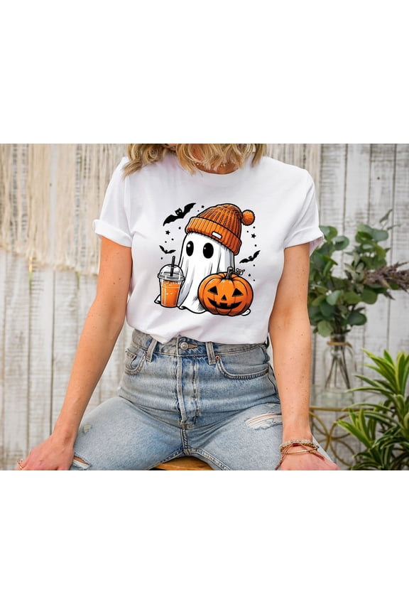 Cute Halloween Ghost T-Shirt for Women Pumpkin Bat Fall Graphic Tee Spooky Season Short Sleeve Top Funny Autumn Outfit Casual Shirt