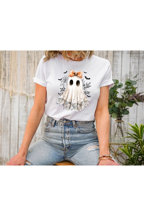 Cute Halloween T-Shirt Ghost with Bow Graphic Tee Spooky Lace Print Short Sleeve Top for Fall Holiday OutfitsParty and Holiday Style