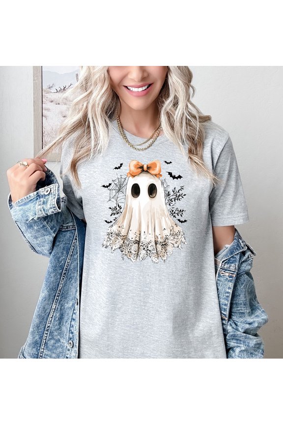 Cute Halloween T-Shirt Ghost with Bow Graphic Tee Spooky Lace Print Short Sleeve Top for Fall Holiday OutfitsParty and Holiday Style