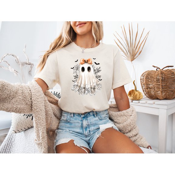 Moonlight Apparel Cute Halloween T-Shirt Ghost with Bow Graphic Tee Spooky Lace Print Short Sleeve Top for Fall Holiday OutfitsParty and Holiday Style