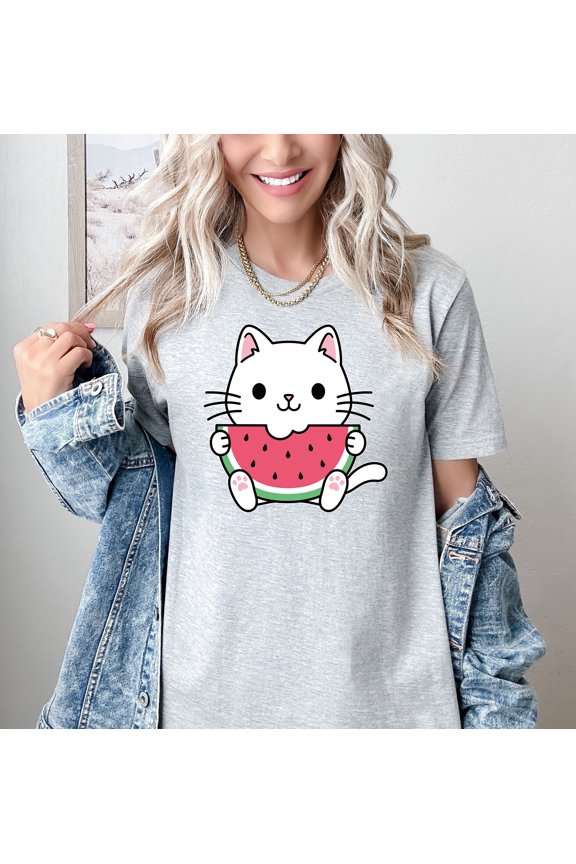 Cute Kawaii Cat Watermelon T-Shirt Graphic Tee Funny Summer Fruit Shirt for Women Girls Cat Lovers Adorable Kitty Cartoon Shirt Lightweight Casual Gift Tee