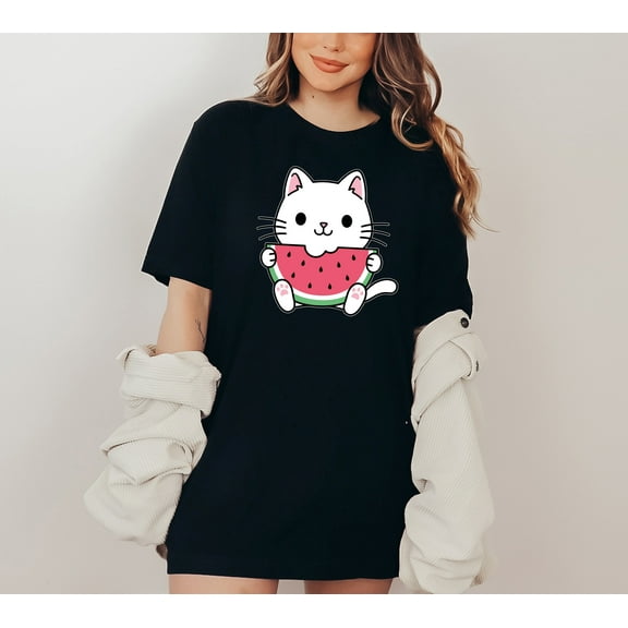 Moonlight Apparel Cute Kawaii Cat Watermelon T-Shirt Graphic Tee Funny Summer Fruit Shirt for Women Girls Cat Lovers Adorable Kitty Cartoon Shirt Lightweight Casual Gift Tee