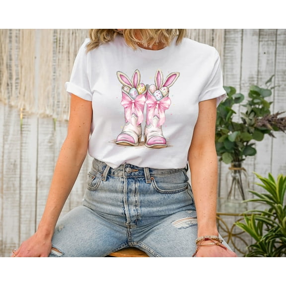 Moonlight Apparel Easter Bunny Boots Graphic T-Shirt for Women Pink Western Cowgirl Tee with Eggs & Bows Cute Spring Holiday Outfit Soft Cotton Top