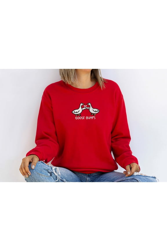 Embroidered Goose Bumps Sweatshirt for Women Funny Goose Graphic Casual Crewneck Pullover