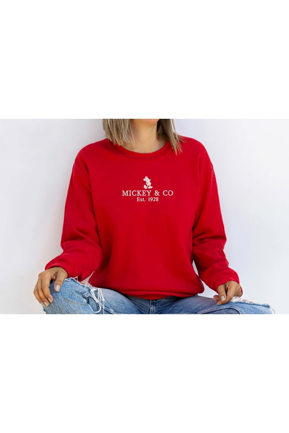 Embroidered Mickey & Co Est. 1928 Sweatshirt for Women Stitched Minimal Logo Design Casual Crewneck Pullover