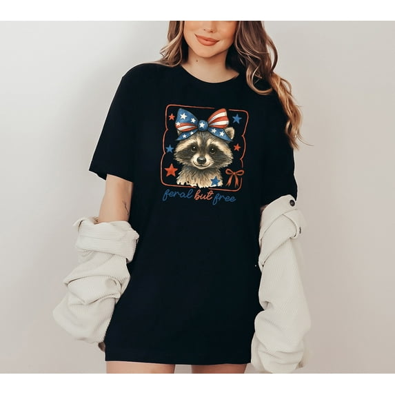 Moonlight Apparel Feral but Free 4th of July Raccoon Shirt Cute Patriotic Graphic Tee for Women Multicolor T-Shirt Vintage USA Independence Day