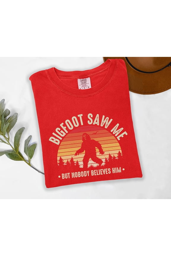 Funny Bigfoot Multi-Color T-Shirt Sasquatch Graphic Tee for Men & Women Retro Sunset Forest Design Cryptid Hiking Camping Shirt Comfort Colors Soft Cotton