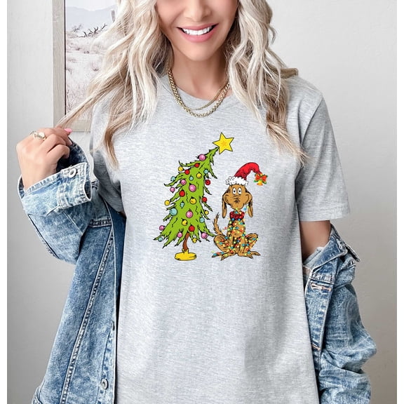Moonlight Apparel Funny Christmas Dog T-Shirt for Women Cute Holiday Graphic Tee Santa Hat & Christmas Tree Festive Shirt Holiday Humor Top