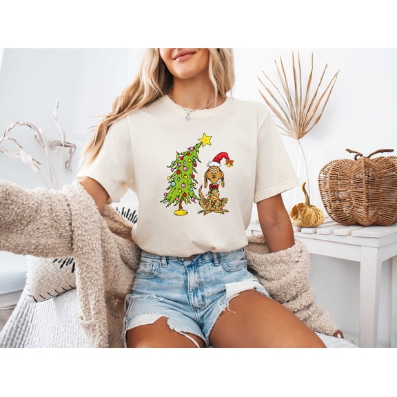 Moonlight Apparel Funny Christmas Dog T-Shirt for Women Cute Holiday Graphic Tee Santa Hat & Christmas Tree Festive Shirt Holiday Humor Top