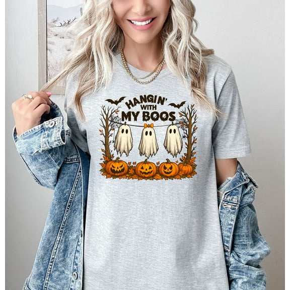 Moonlight Apparel Funny Halloween Graphic T-Shirt for Women Hangin’ With My Boos Ghost Pumpkin Tee Cute Spooky Fall Shirt Short Sleeve Casual Top for Trick or Treat Party and Holiday Style