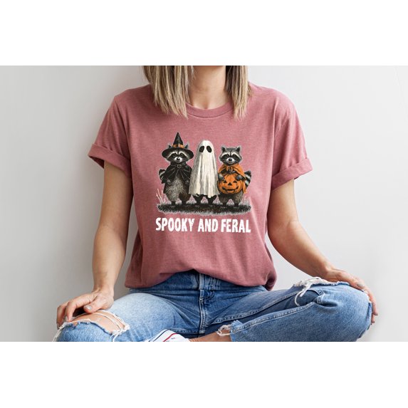 Moonlight Apparel Funny Halloween T-Shirt Spooky and Feral Raccoon Graphic Tee Cute Animal Print Short Sleeve Top for Fall Holiday Outfits
