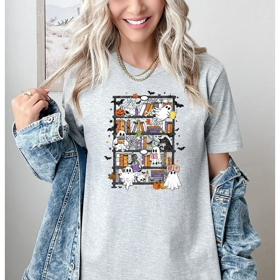 Moonlight Apparel Halloween Ghost Book Lover T-Shirt for Women Spooky Bookshelf Reading Graphic Tee Cute Fall Ghost Pumpkin Bat Shirt Funny Bookworm Bookish Reader
