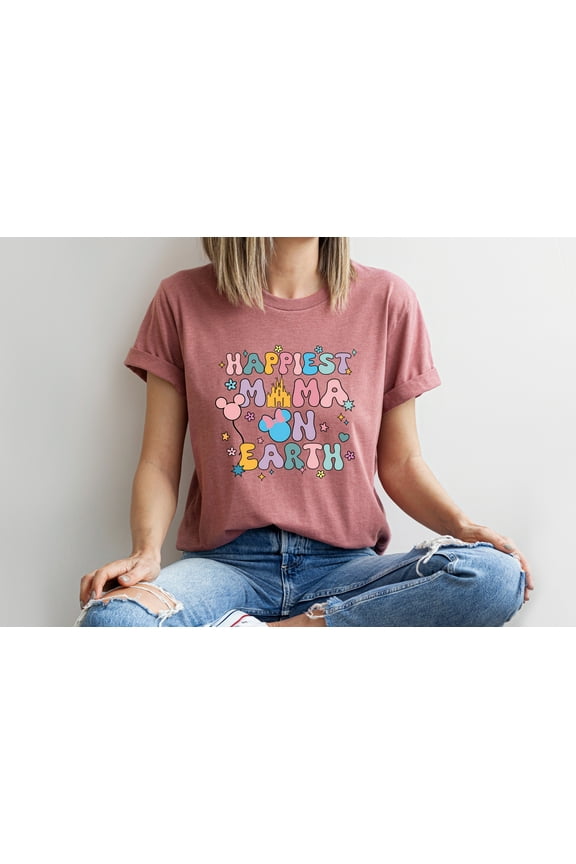 Happiest Mama on Earth Multi-Color T-Shirt Cute Comfort Tee for Moms Magical Theme Park Inspired Graphic Shirt Fun Mother’s Day Gift Minnie Style Mom Vacation Shirt