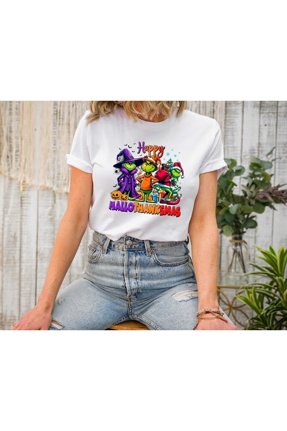 Happy HalloThankSmas T-Shirt for Women Funny Holiday Graphic Tee Halloween Thanksgiving Christmas Shirt Cute Festive Top