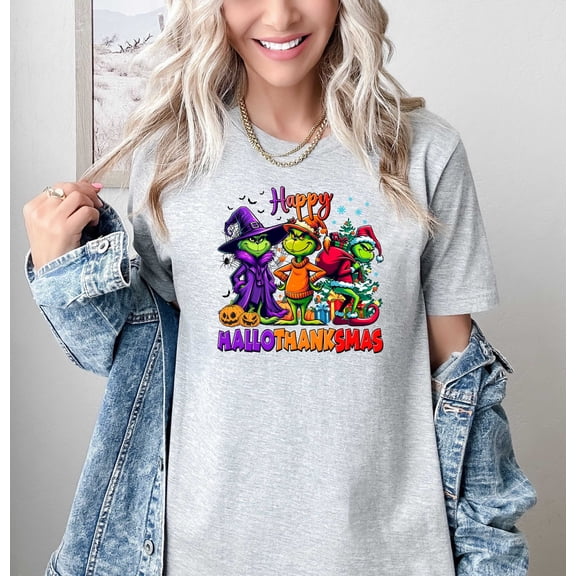 Moonlight Apparel Happy HalloThankSmas T-Shirt for Women Funny Holiday Graphic Tee Halloween Thanksgiving Christmas Shirt Cute Festive Top