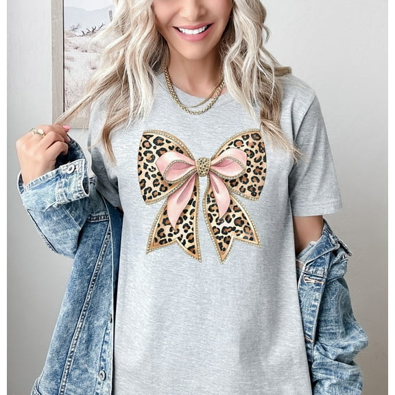 Moonlight Apparel Leopard Print Bow Shirt for Women Glam Pink Animal Print Comfort Multi-Colors T-Shirt Tee, Western Boho Graphic T-Shirt, Cute Country Cowgirl Outfit, Casual Red Top