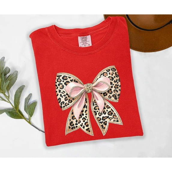 Moonlight Apparel Leopard Print Bow Shirt for Women Glam Pink Animal Print Comfort Multi-Colors T-Shirt Tee, Western Boho Graphic T-Shirt, Cute Country Cowgirl Outfit, Casual Red Top