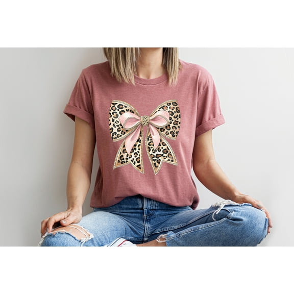 Moonlight Apparel Leopard Print Bow Shirt for Women Glam Pink Animal Print Comfort Multi-Colors T-Shirt Tee, Western Boho Graphic T-Shirt, Cute Country Cowgirl Outfit, Casual Red Top