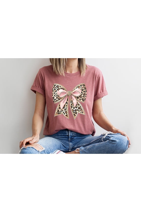 Leopard Print Bow Shirt for Women Glam Pink Animal Print Comfort Multi-Colors T-Shirt Tee, Western Boho Graphic T-Shirt, Cute Country Cowgirl Outfit, Casual Red Top