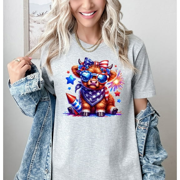 Moonlight Apparel Multicolor Highland Cow T-Shirt for Women Cute Patriotic Graphic Tee Funny Independence Day USA Shirt