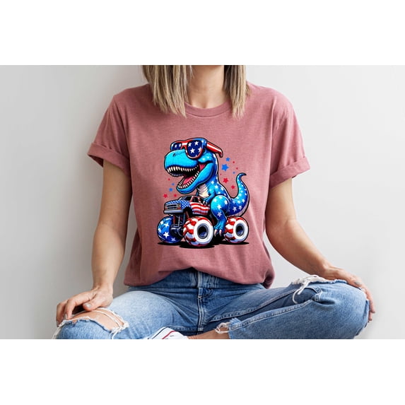 Moonlight Apparel Patriotic Dinosaur Graphic T-Shirt for Women Funny 4th of July Shirt USA Flag Dino Tee Monster Truck Graphic Tee Independence Day Shirt Casual Summer Top Womens Graphic Tee